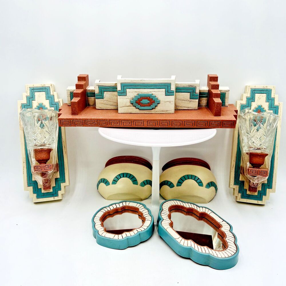 Vtg 7pc Burwood Aztec Mirror Shelf Southwest Home Interiors Wall Decor
